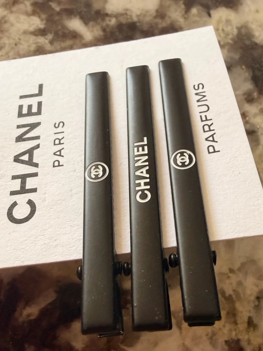 CHANEL Black & White Logo Hair Clips - Set of 3